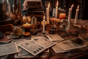 Mesa con velas y elementos rituales en tonos cálidos; endulzamientos de amor para suavizar tensiones y favorecer el acercamiento.